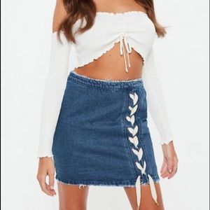 blue denim lace up mini skirt